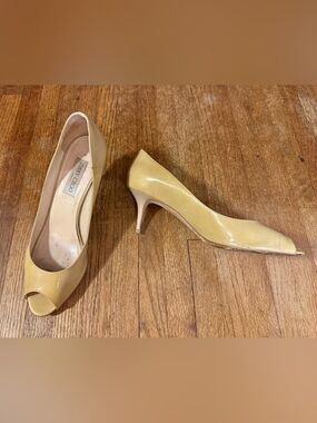 Jimmy Choo Tan Patent Leather Peep-Toe Heels - size 40.5
